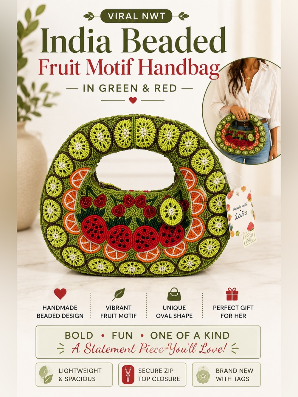 Viral NWT India Beaded Fruit Motif Handbag in Green and Red